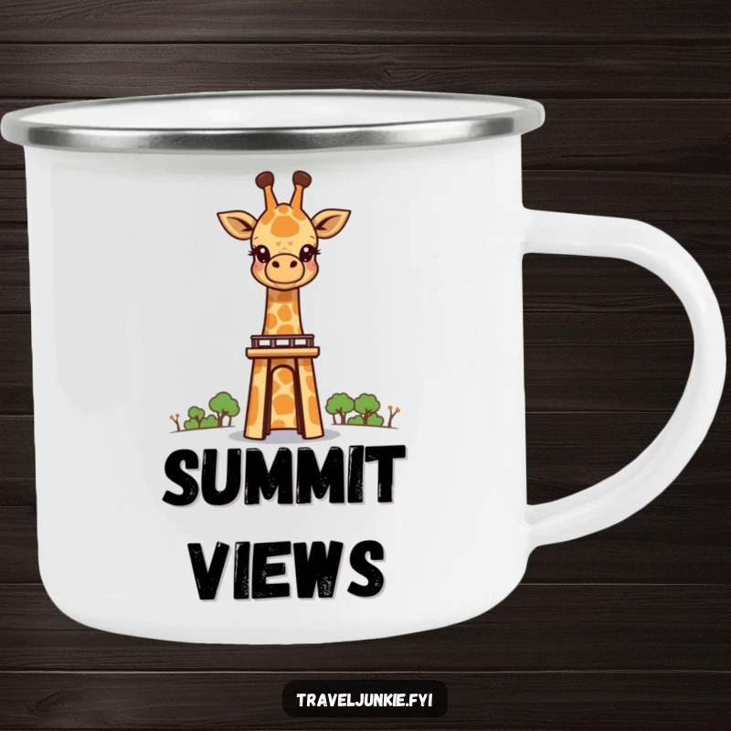 Funny giraffe character peeking over a tall landmark, designed for outdoor use on a sturdy camping mug, adding wonder.