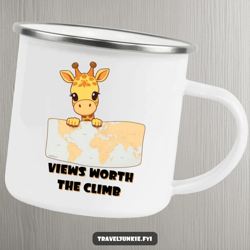 Funny Giraffe Map Explorer Camping Mug: A sturdy enamel mug with a happy giraffe peeking over a map, ideal for outdoor fun.