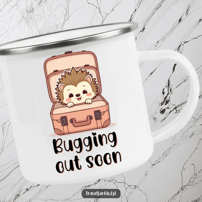 Funny camping mug showing a hedgehog peering into a suitcase, perfect for outdoor use with a humorous, travel-inspired theme.