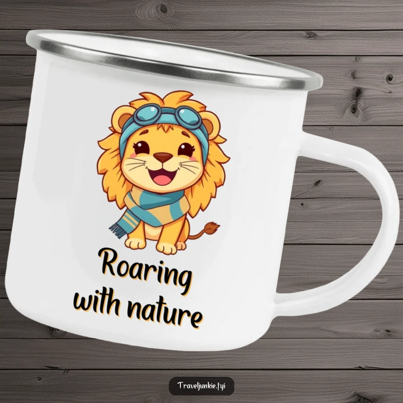 Funny Lion Travel Camping Mug: A durable mug featuring a happy, smiling lion wearing a travel scarf, perfect for adventurers.
