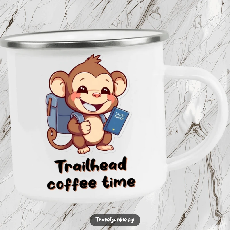 Funny monkey with backpack and passport, grinning widely, designed for outdoor adventures on a sturdy camping mug.