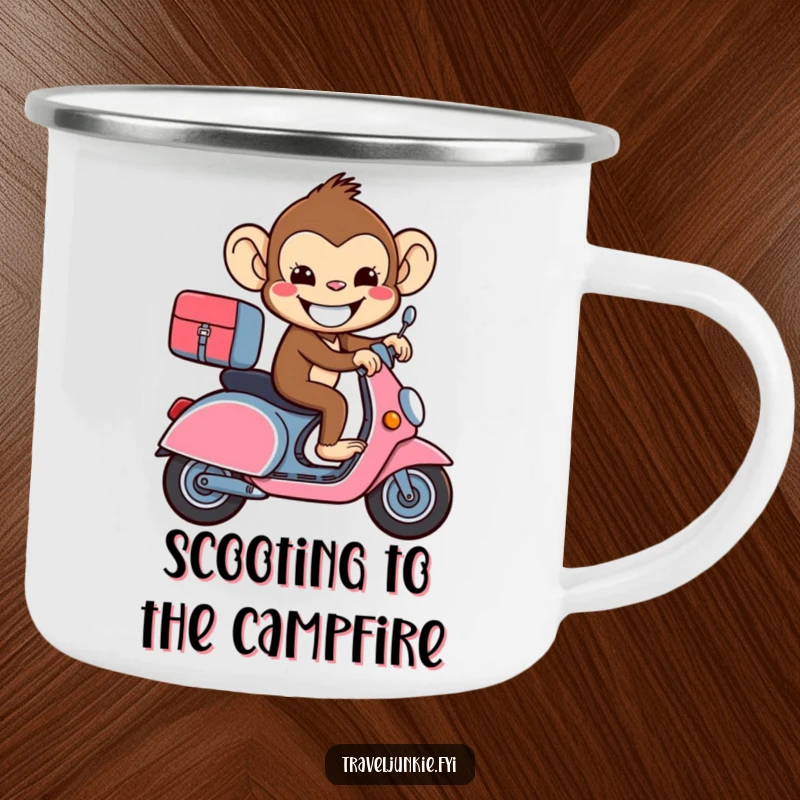 Funny beaming monkey riding a suitcase like a scooter on a camping mug, for outdoor travelers.
