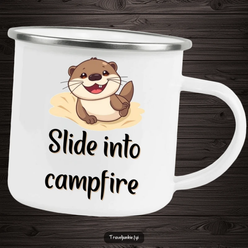 Funny camping mug showing an otter sliding down a sand dune with a grin, perfect for outdoor use with a humorous, beach-themed design.