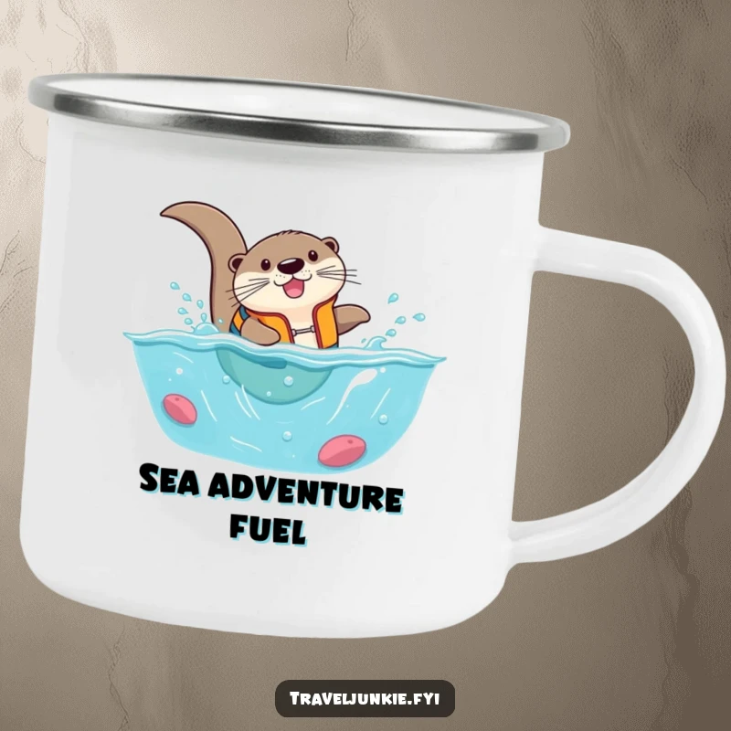 Funny otter wearing a life vest, comically diving into a tiny ocean, a durable and humorous camping mug.