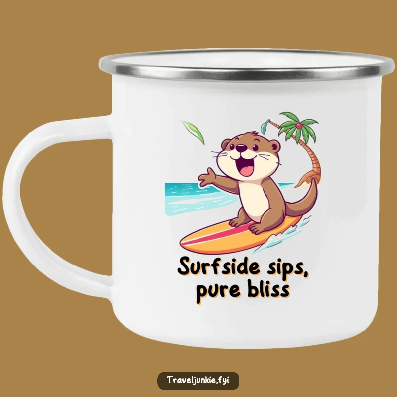 Funny Otter Surf Camping Mug: Enamel Cup for Beach Trips, Excited Otter Rider, Outdoor Gift
