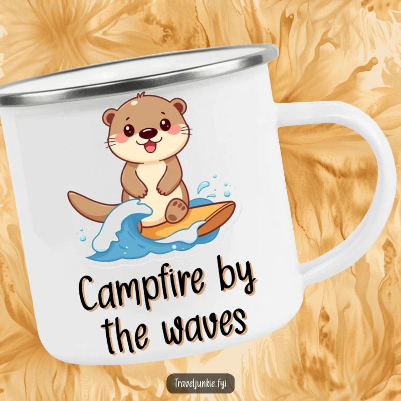 Funny Otter Camping Mug: A smiling otter character rides a small wave, ideal for outdoor adventures.