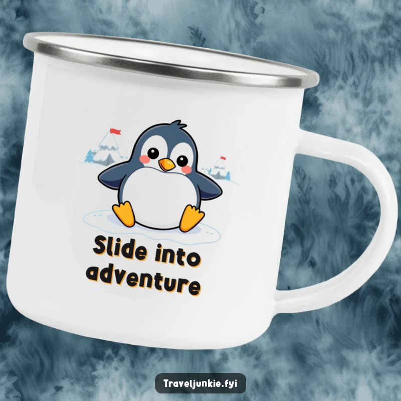 Funny penguin camping mug featuring a playful character sliding on an icy graphic, designed for outdoor use with a humorous winter theme.
