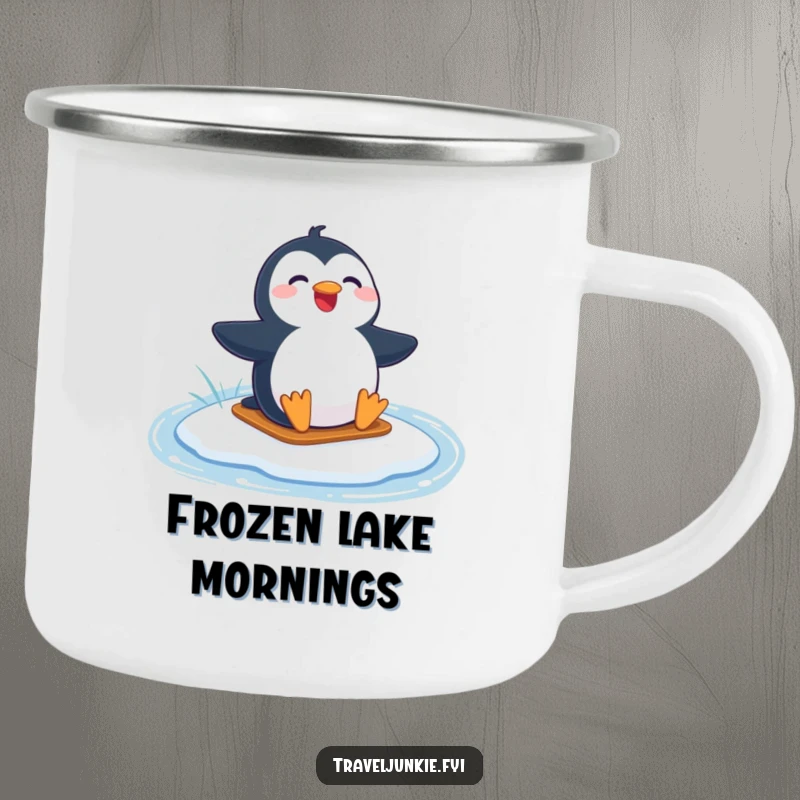 Funny camping mug showing a joyful penguin character sliding on a frozen lake, ready for any outdoor fun.