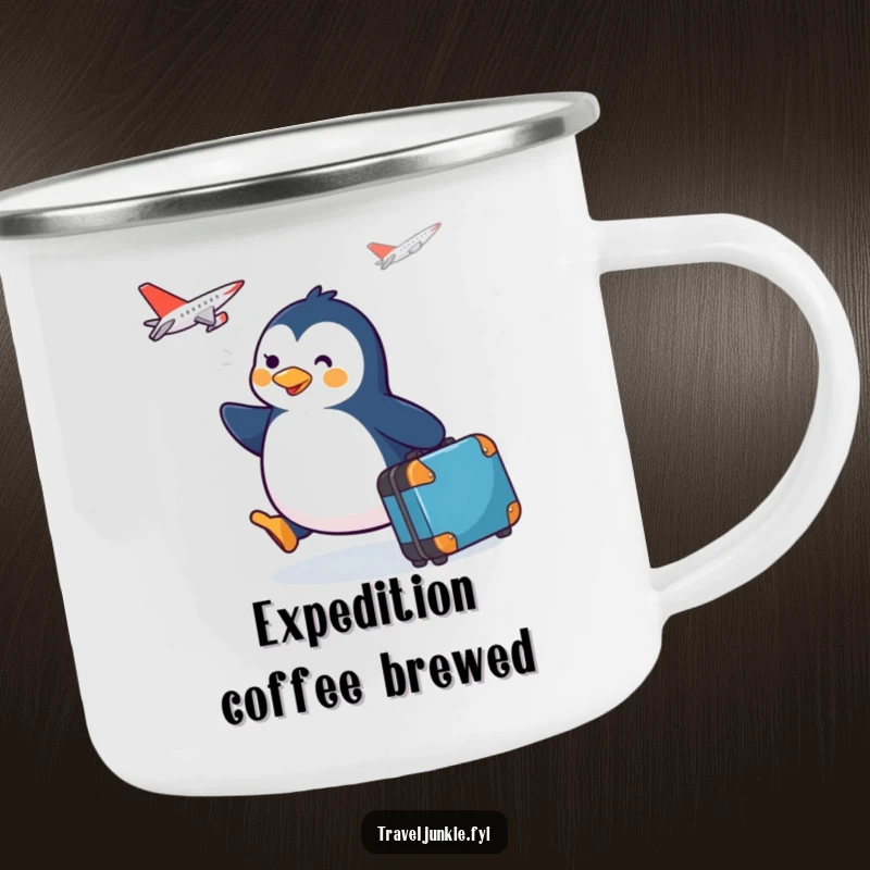 Funny happy penguin with a suitcase waddling towards a plane, designed for adventures on a rugged camping mug.