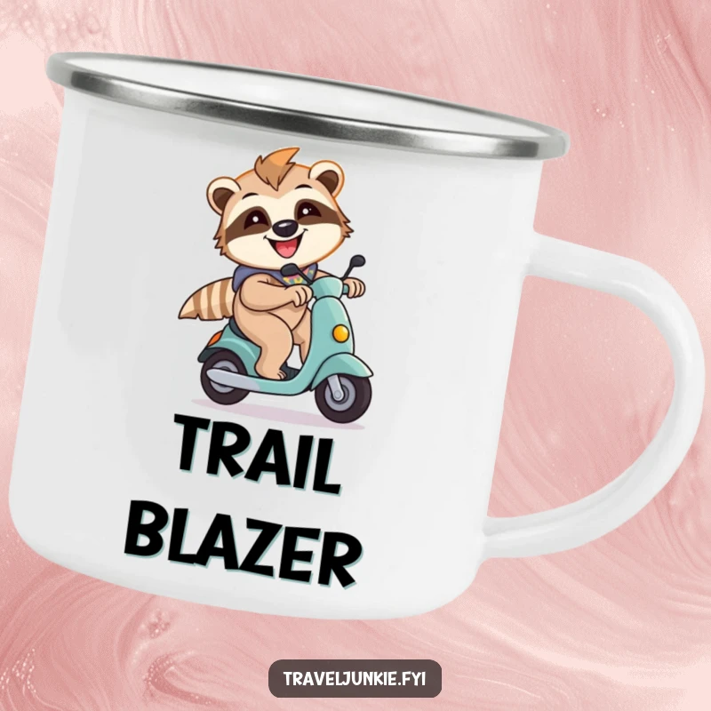 Funny sloth character on a scooter, designed for outdoor use on a sturdy camping mug, adding humor to adventures.