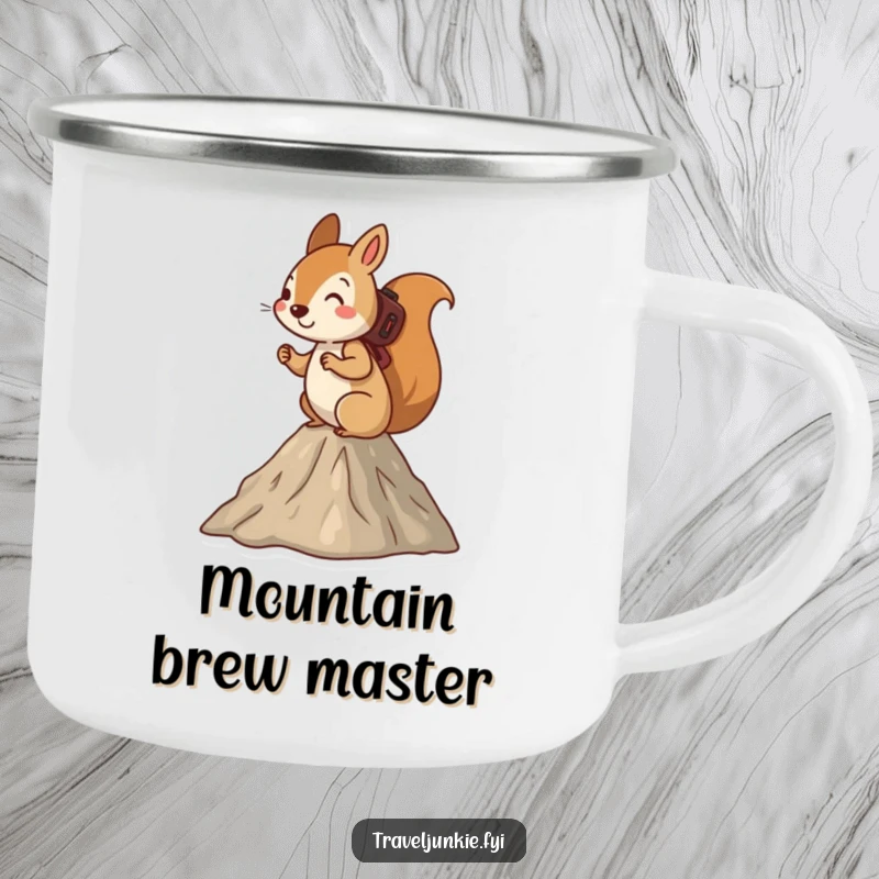 Funny squirrel camping mug, shown hiking up a small mountain, ready for outdoor adventures and mountain exploration.