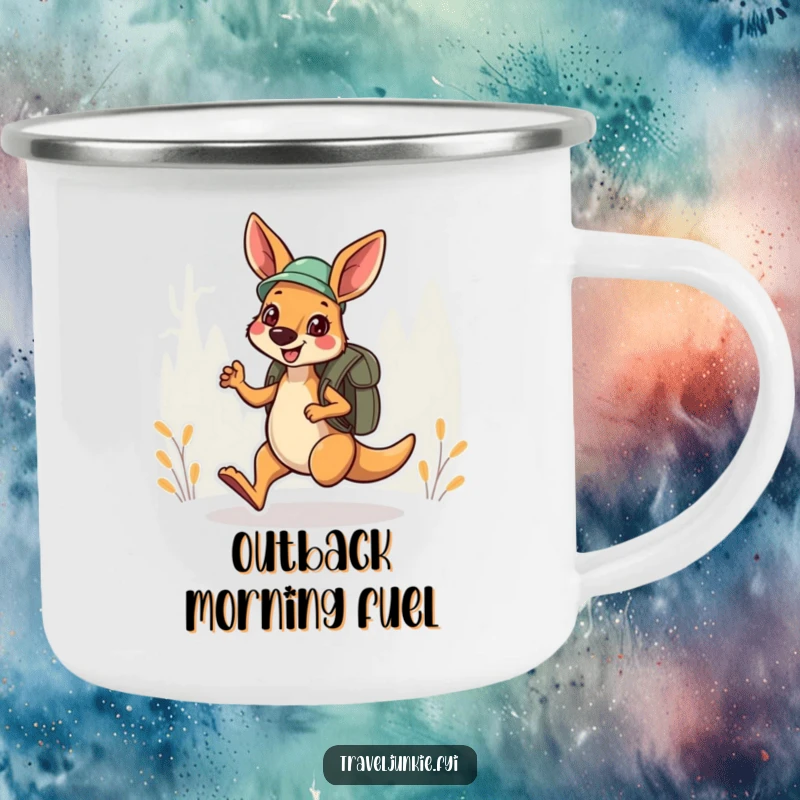 Funny Camping Mug: A cheerful kangaroo explorer hops with a backpack, ideal for funny outdoor adventures.