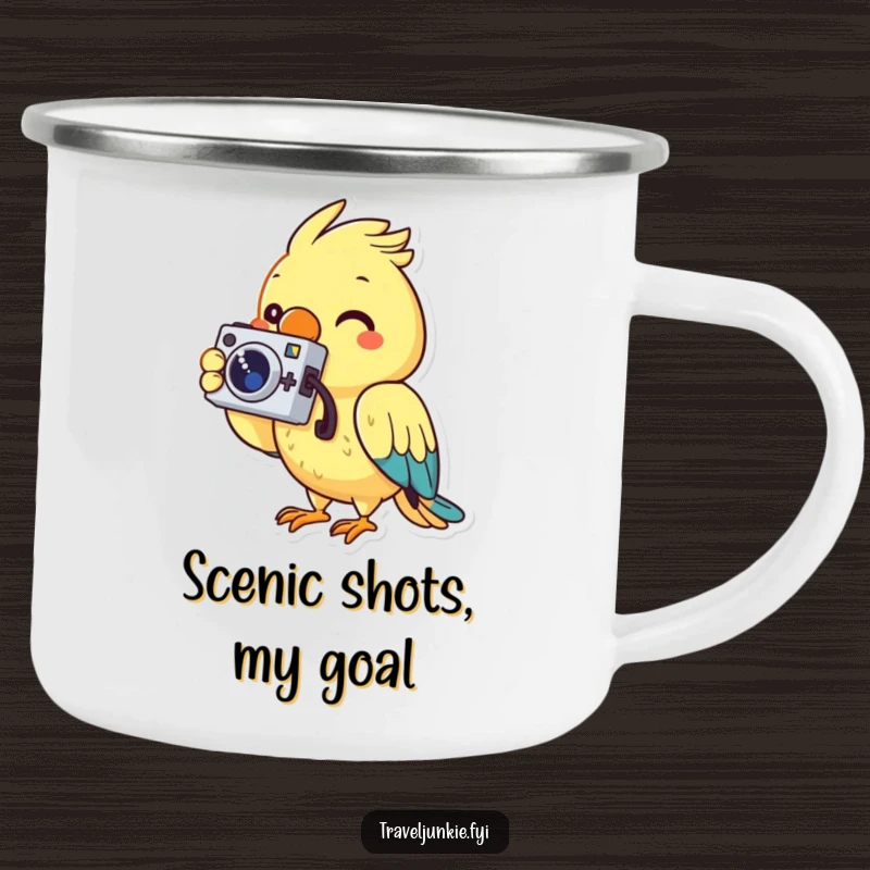 Funny camping mug with a cheerful parrot character holding a tiny camera, great for outdoor adventures and capturing memories.