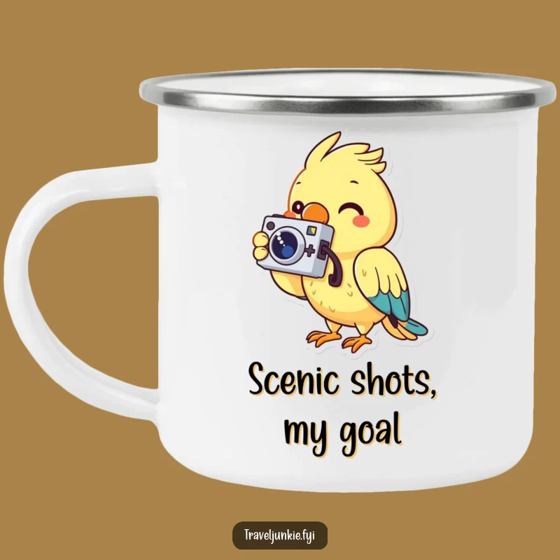 Funny Parrot Camp Mug: Cheerful Photographer's Outdoor Drinkware, Gift