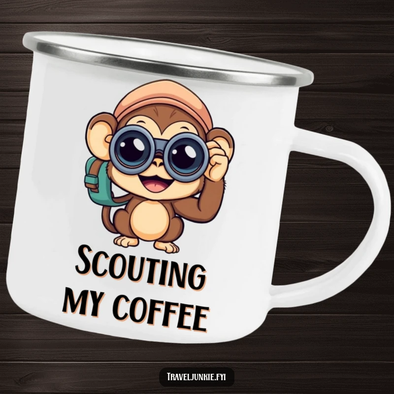 Funny Monkey Traveler Camping Mug: A durable enamel mug with a curious monkey traveler, ideal for outdoor adventures, a funny gift.