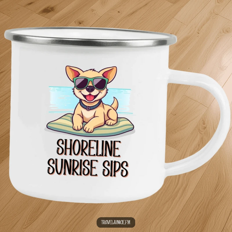 Funny camping mug featuring a smiling dog with sunglasses on a beach, perfect for outdoor relaxation and a unique funny gift.