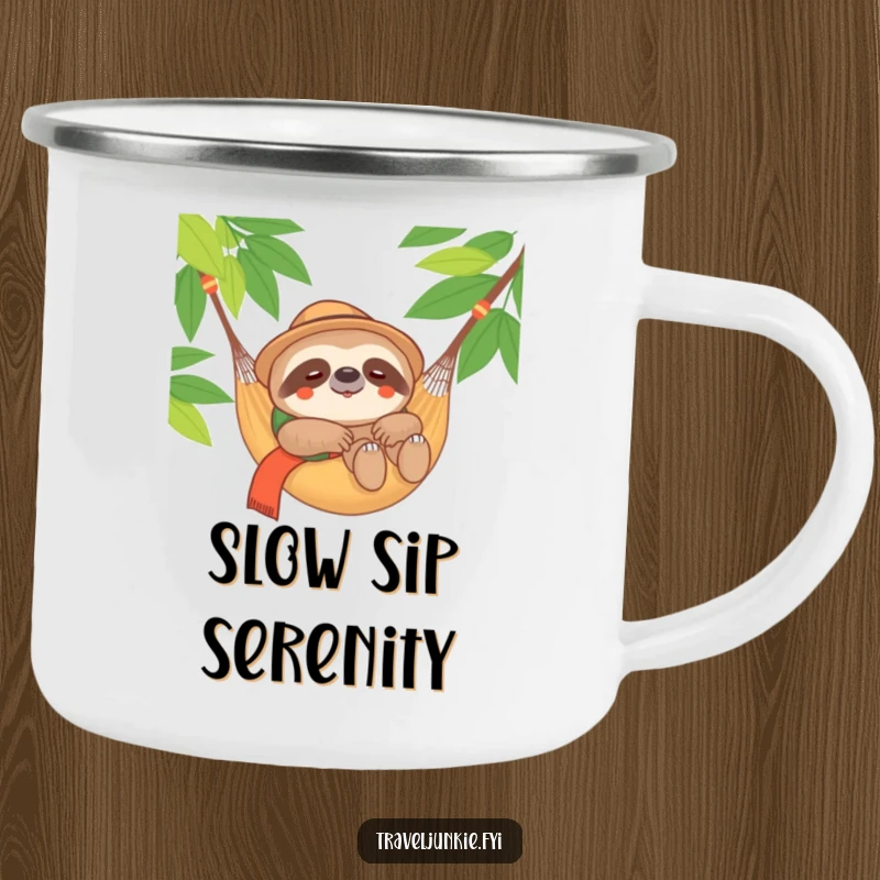 Funny Sloth Traveler Camping Mug: A durable mug with a content sloth relaxing in a hammock, ideal for outdoor relaxation, a funny gift.