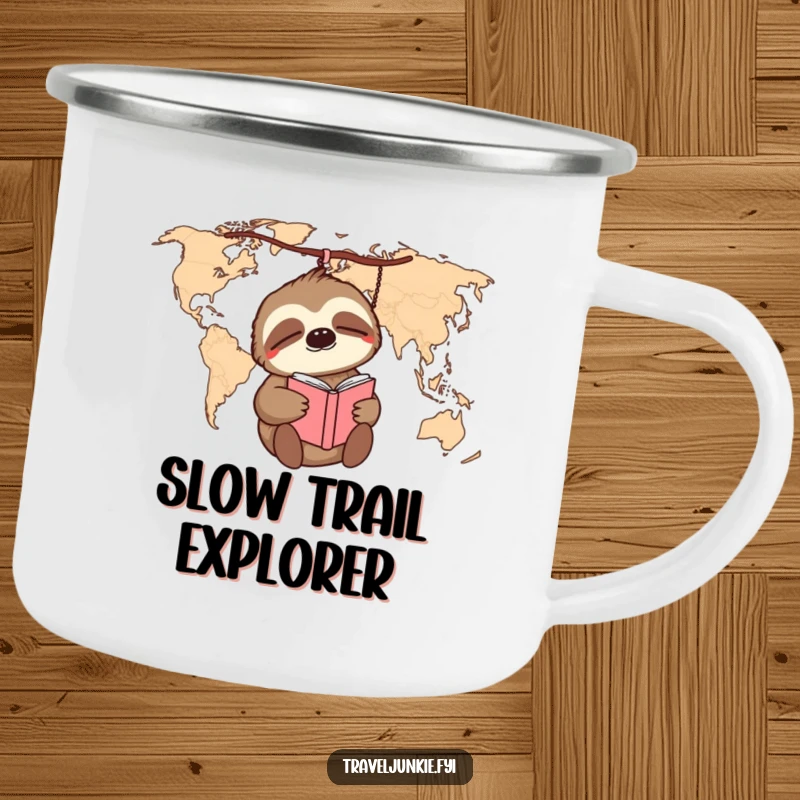 Funny sloth dangling from a world map with a journal on a durable camping mug, ideal for outdoor humor.