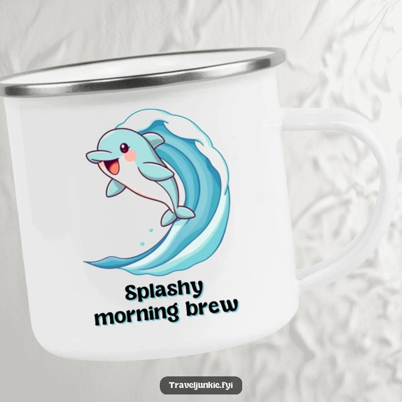 Funny dolphin camping mug featuring a jubilant character leaping from a stylized ocean wave, designed for outdoor use with a humorous ocean theme.