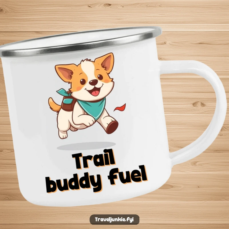 Funny energetic dog running with bandana and backpack, durable camping mug, perfect humorous gift for outdoor enthusiasts.