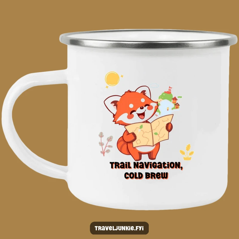 Funny Red Panda Map Camping Mug: Enamel Cup for Trails, Enthusiastic Panda Navigator, Outdoor Gift