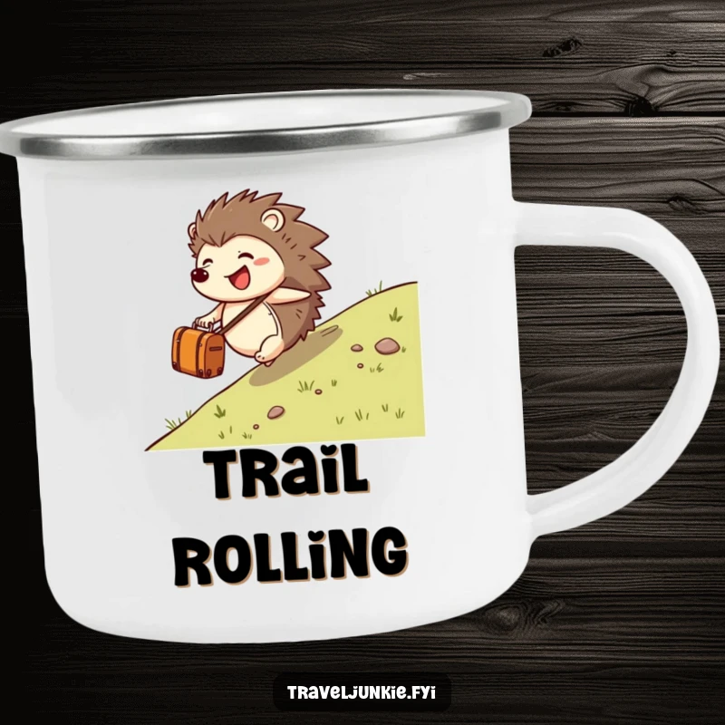 Funny hedgehog character rolling with a suitcase, designed for outdoor use on a sturdy camping mug, adding joy to trips.
