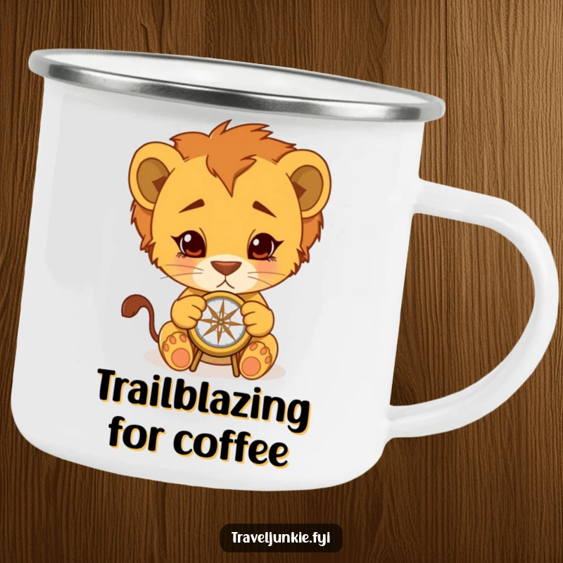 Funny Lion Cub Camping Mug: Rugged mug with a cub and compass, perfect for outdoor adventures and humorous camping trips, funny gift.