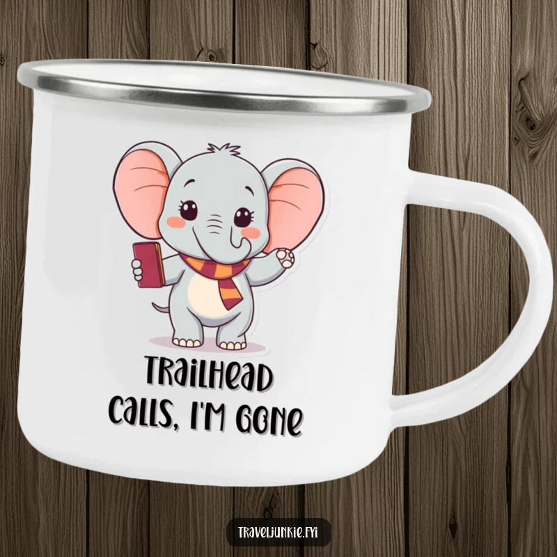 Funny elephant camping mug, durable outdoor drinkware with excited traveler waving goodbye holding passport, a humorous gift.