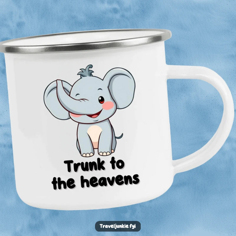 Funny Elephant Camping Mug: A durable mug featuring a smiling elephant character with its trunk raised in a happy, welcoming greeting.