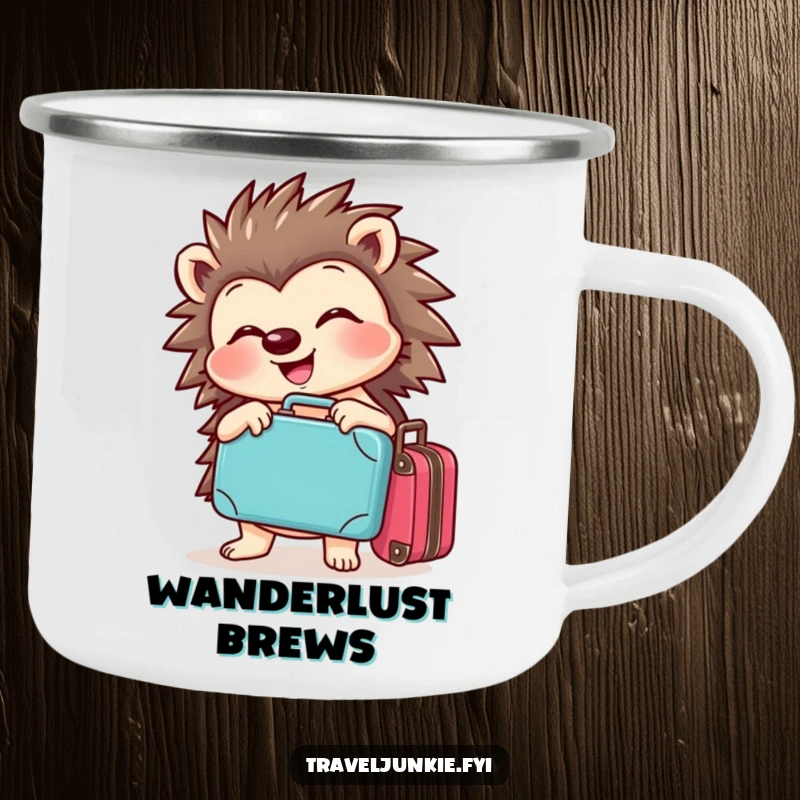 Funny hedgehog camping mug featuring a cheerful character joyfully posing with a tiny suitcase, perfect for travel-themed brews.