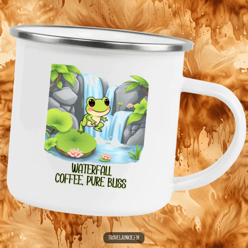 Funny frog character hopping onto a lily pad near a waterfall, suitable for camping, a funny gift camping mug.