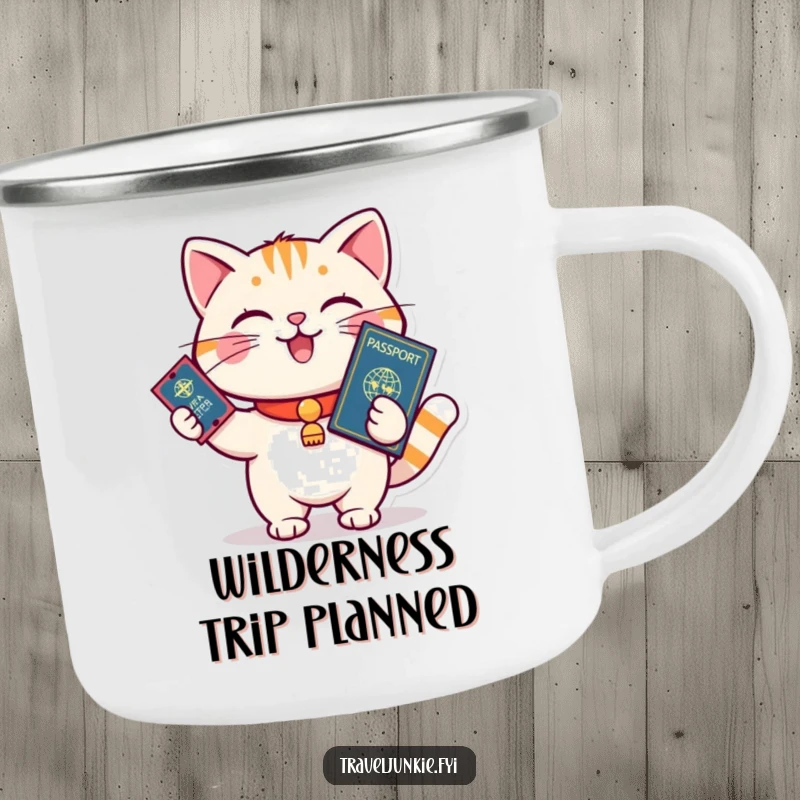 Funny cat holding passport and ticket, ready to board, durable camping mug, perfect humorous gift for travelers.