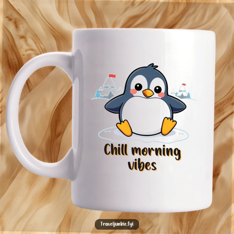 Funny penguin mug featuring a playful character joyfully sliding on an icy destination graphic, radiating winter fun and humor.