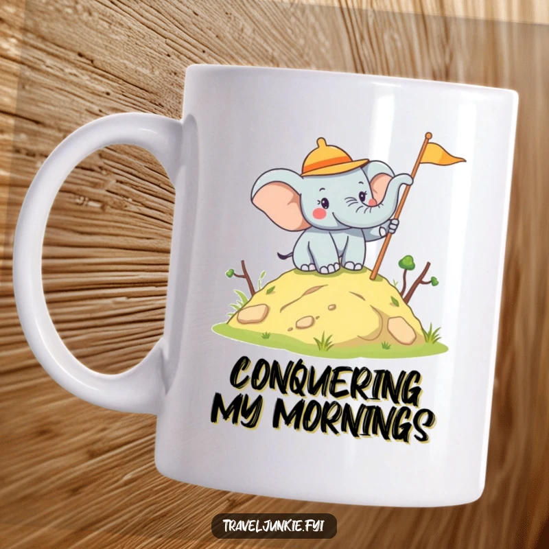 Funny Elephant Explorer Mug: A joyful elephant gleefully plants a flag on a hill, embodying success, ideal for a funny gift.