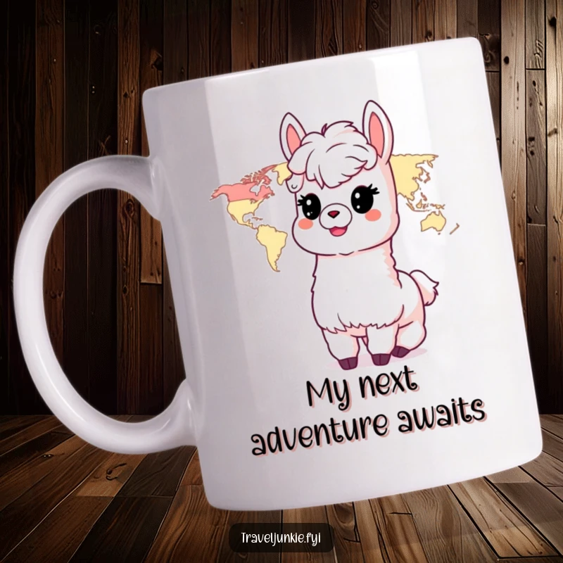 Funny Alpaca Mug: A delighted alpaca character gazes eagerly at a world map, dreaming of travel and adventure.