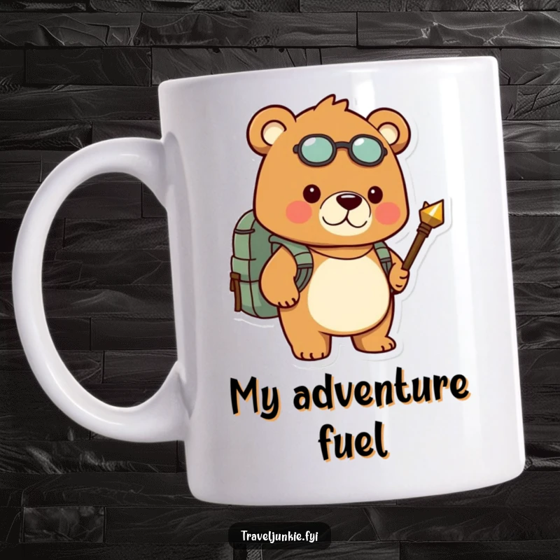 Funny mug shows a resolute bear equipped with a backpack and compass, ready for an adventurous hike with humorous determination.