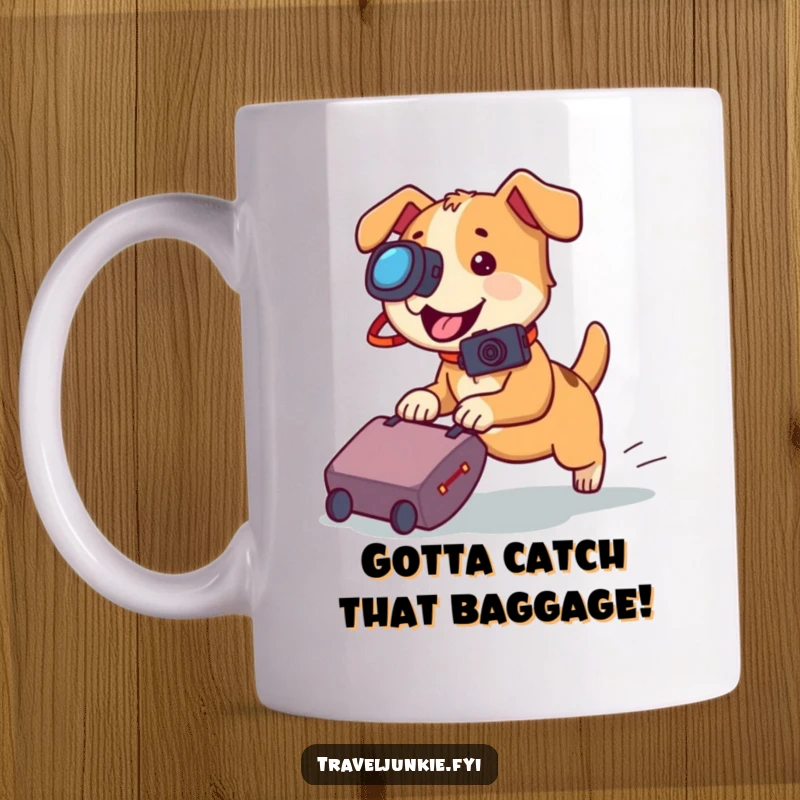 Funny dog mug, a playful puppy with a camera chasing a rolling suitcase, ready for an exciting adventure.