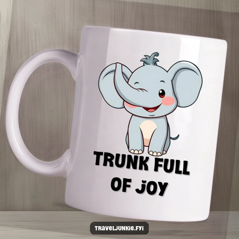 Funny Elephant Mug: A joyous elephant character with trunk raised high in a friendly greeting, perfect for coffee lovers.
