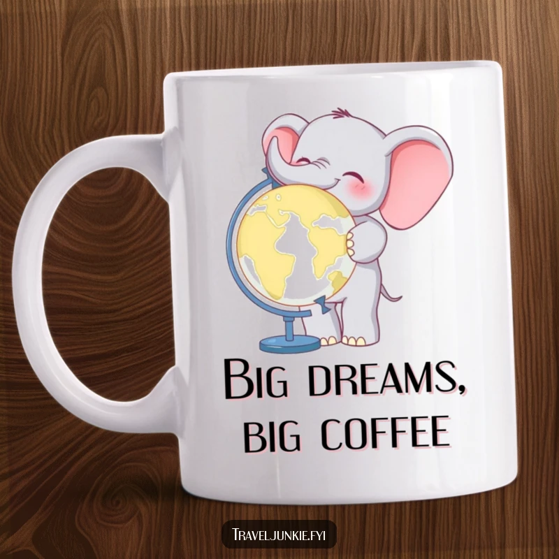 Funny Elephant World Traveler Mug: A cheerful elephant stands proudly beside a world globe, symbolizing wanderlust and joy.