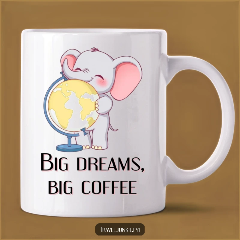 Funny Elephant World Traveler Mug: Cheerful giant and globe, perfect funny gift for wanderers