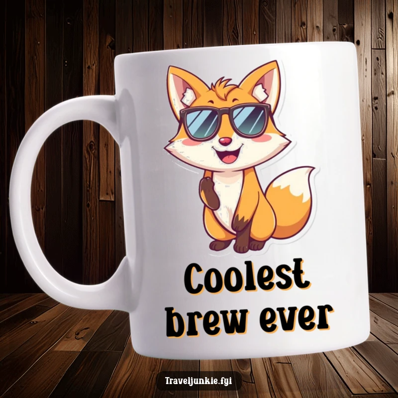 Funny fox mug with a smiling character wearing sunglasses and striking a cool pose, radiating confidence and a humorous, stylish vibe.