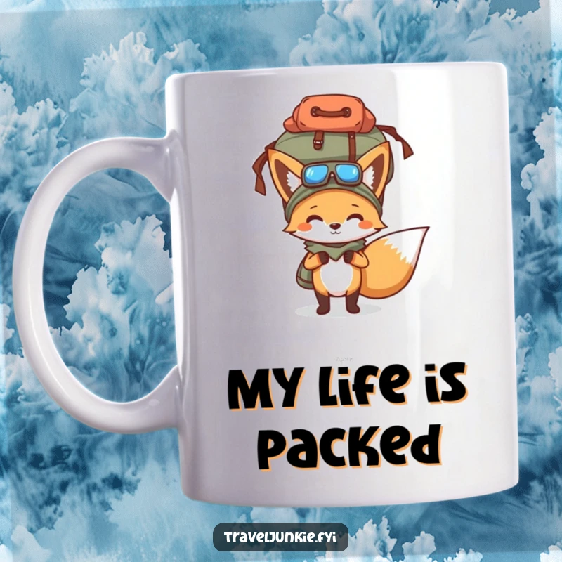 Funny mug with a determined fox balancing an overflowing travel bag on its head, capturing the hilarious struggle of overpacking for an adventure.