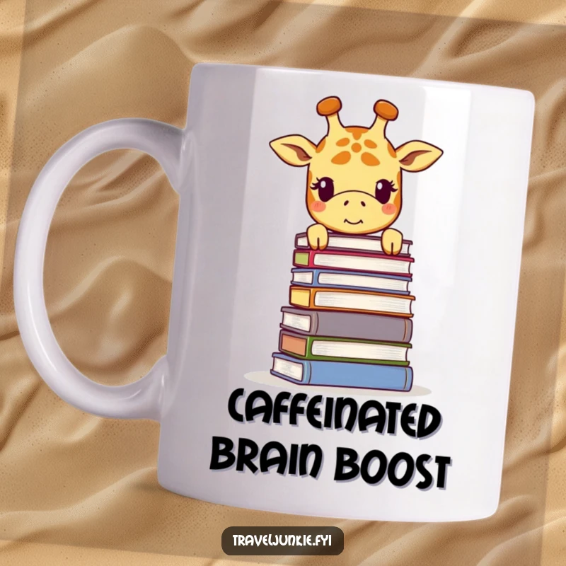Funny giraffe mug, smiling while peering over a massive stack of books, embodying a love for knowledge and reading.