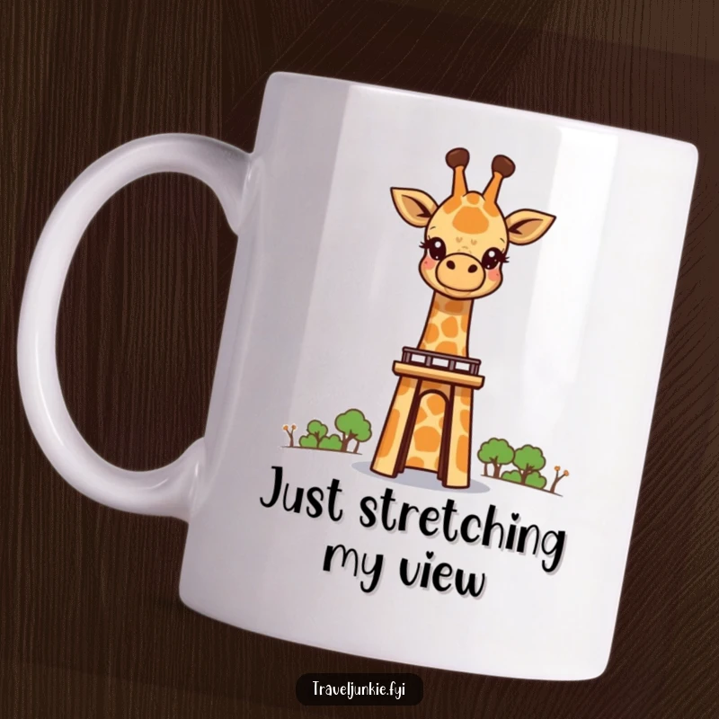 Funny giraffe character curiously peeking over a tall landmark with wide-eyed awe, on a ceramic mug.