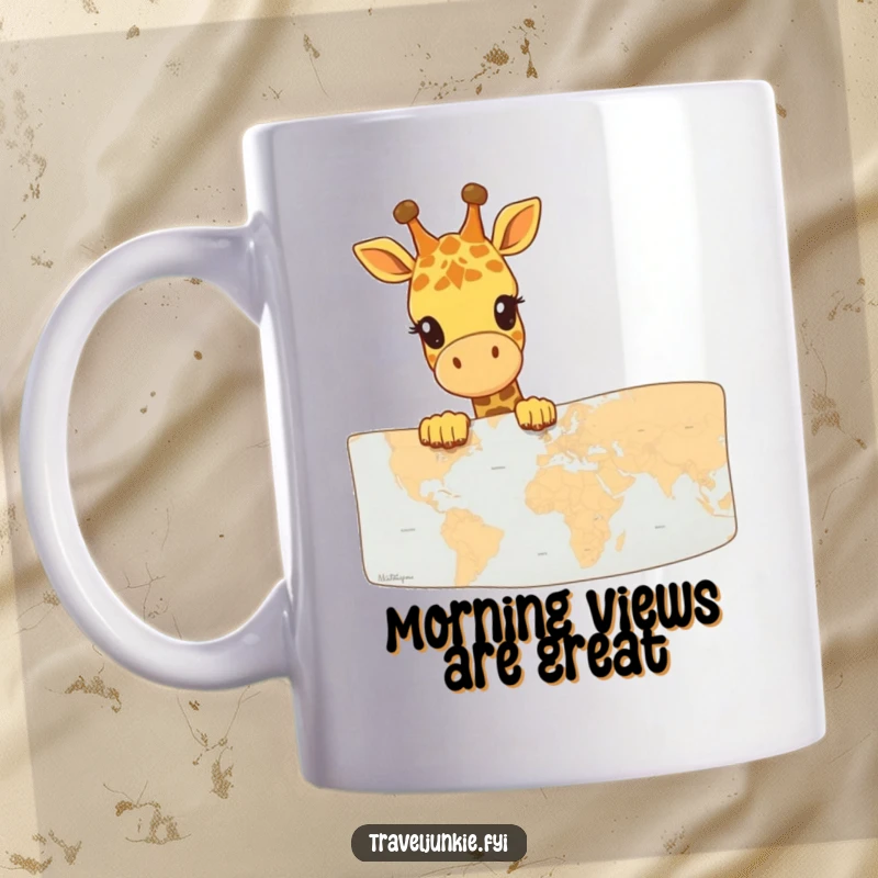 Funny Giraffe Map Explorer Mug: A happy giraffe peeks over a large map, symbolizing curiosity and a love for adventure.