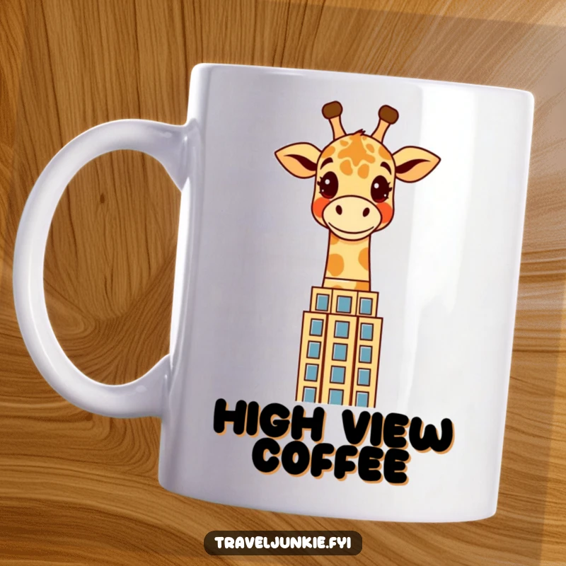 Funny giraffe mug featuring a cheerful character peering playfully over a stylized skyscraper, showcasing a unique city perspective.