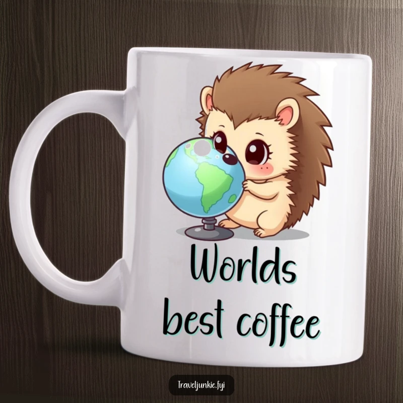 Funny hedgehog mug showing a curious character with wide eyes, intently examining a globe, embodying wonder and a humorous thirst for knowledge.