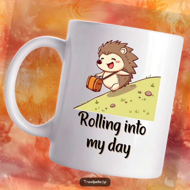 Funny hedgehog character joyfully rolling down a grassy hill with a small suitcase, on a ceramic mug.