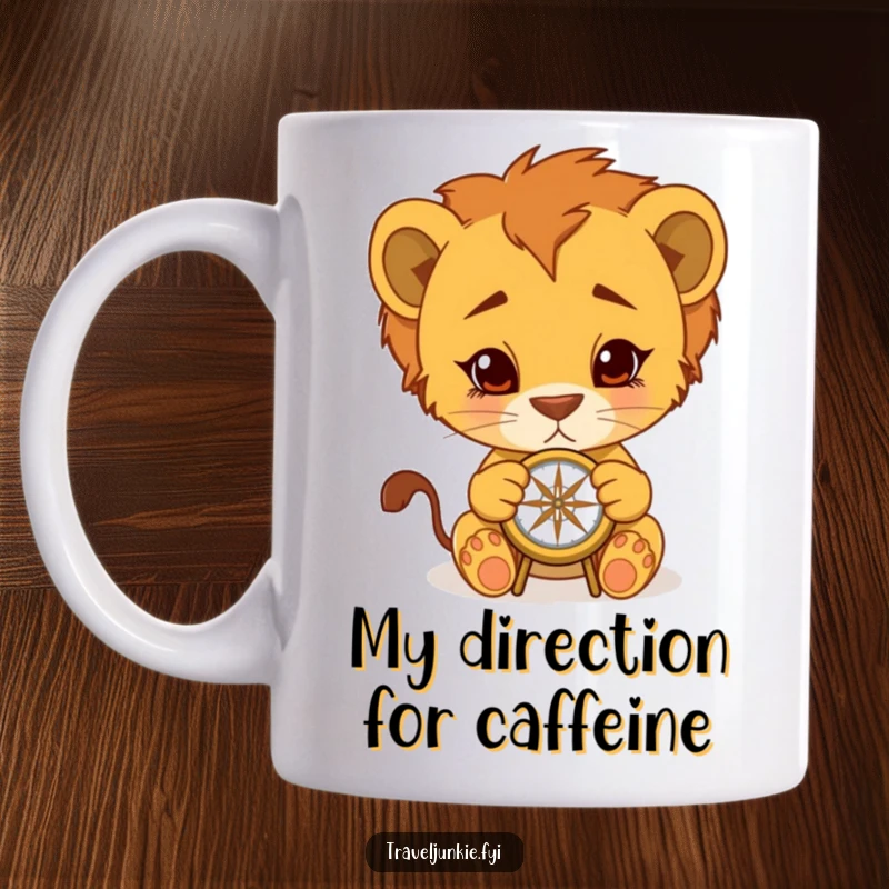 Funny Lion Cub Mug: Determined cub curiously examines a compass, ready for a hilarious adventure, perfect funny gift for explorers.