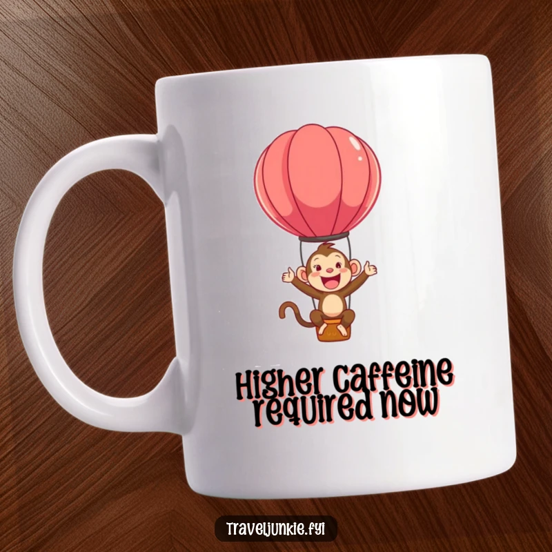 Funny mug featuring an ecstatic monkey character joyfully bouncing on a vibrant hot air balloon, ready for an adventure.